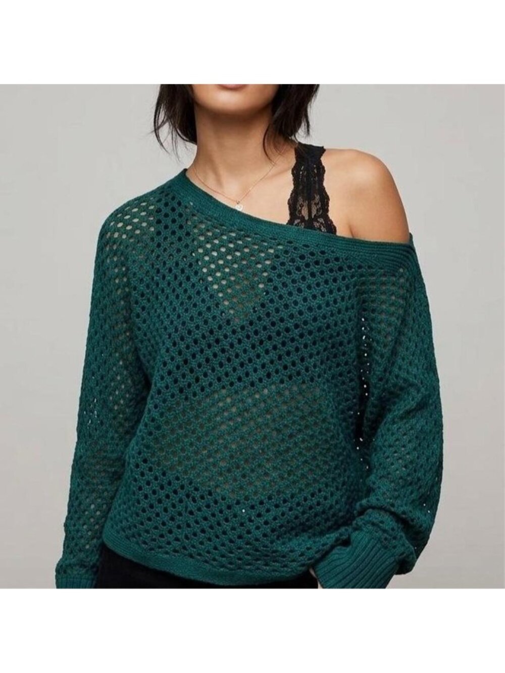 Express off the shoulder sweater with perforated knit pattern
